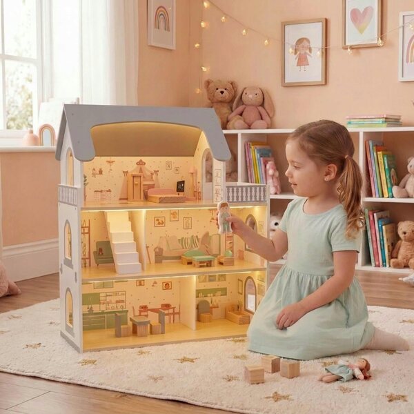 3-stöckiges Puppenhaus aus Holz, schönes Haus mit LED und Möbeln, 70,5 x 63 x 27 cm