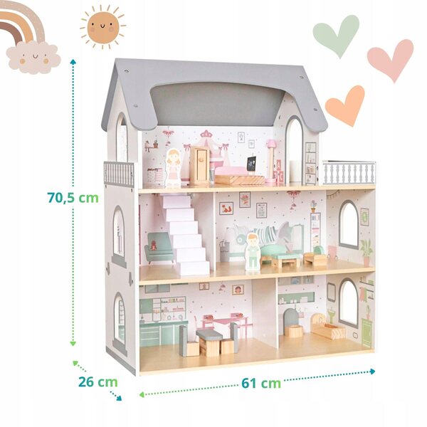 3-stöckiges Puppenhaus aus Holz, schönes Haus mit LED und Möbeln, 70,5 x 63 x 27 cm