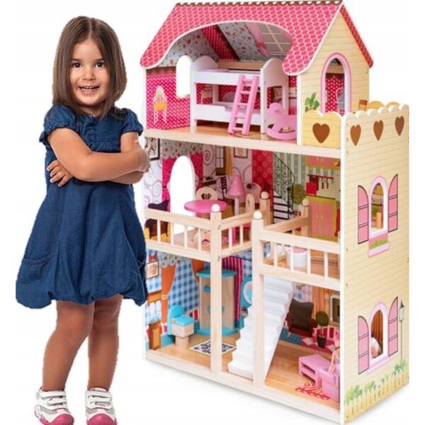 Grande Casa delle Bambole con Illuminazione LED e Mobili in Legno 90 cm