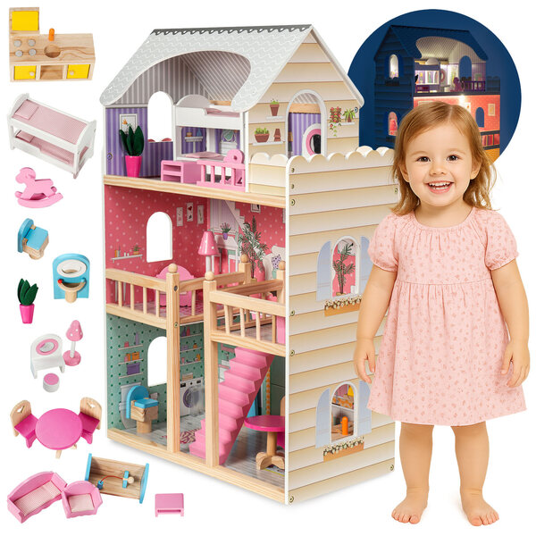 Dollhouse in legno Mamabrum con illuminazione LED 90x60x30 cm per bambini