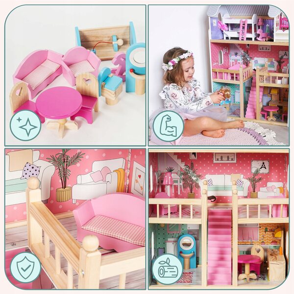 Dollhouse in legno Mamabrum con illuminazione LED 90x60x30 cm per bambini