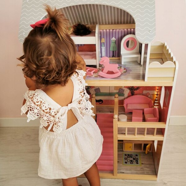 Dollhouse in legno Mamabrum con illuminazione LED 90x60x30 cm per bambini