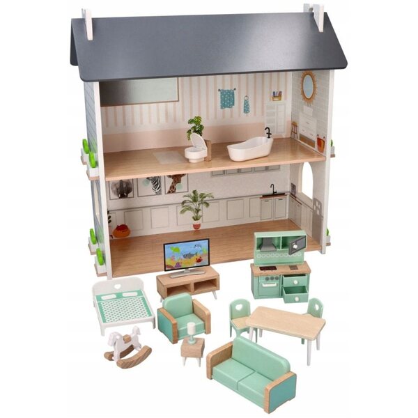 Adam Toys Großes und gemütliches Puppenhaus aus Holz mit Möbeln