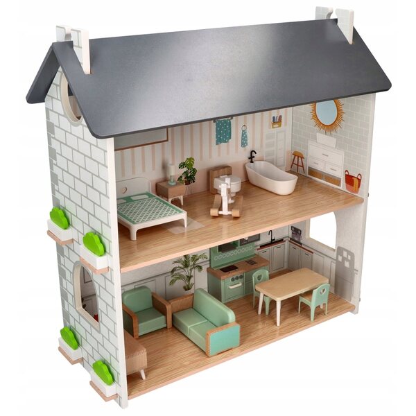 Adam Toys Großes und gemütliches Puppenhaus aus Holz mit Möbeln