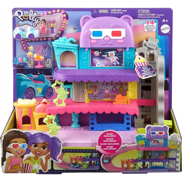Polly Pocket Pollyville Cinema con 2 bambole, auto e accessori a 3 livelli