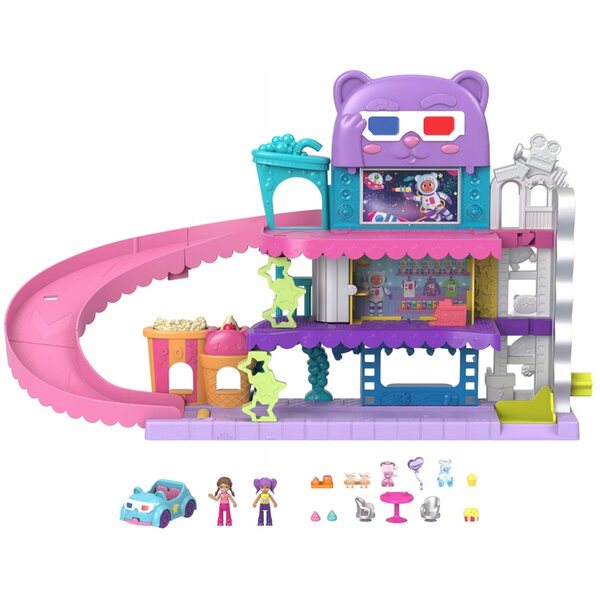 Polly Pocket Pollyville Cinema con 2 bambole, auto e accessori a 3 livelli