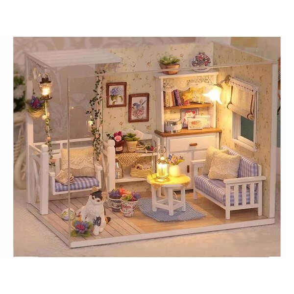 Retro-Puppenhaus aus Holz mit LED, 13 cm, DIY-Modell für Kinder und Erwachsene