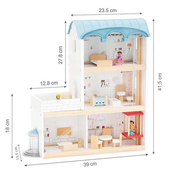 Maison de poupée 41,5 cm avec meubles et accessoires, en bois 4iQ Gruppo Ula