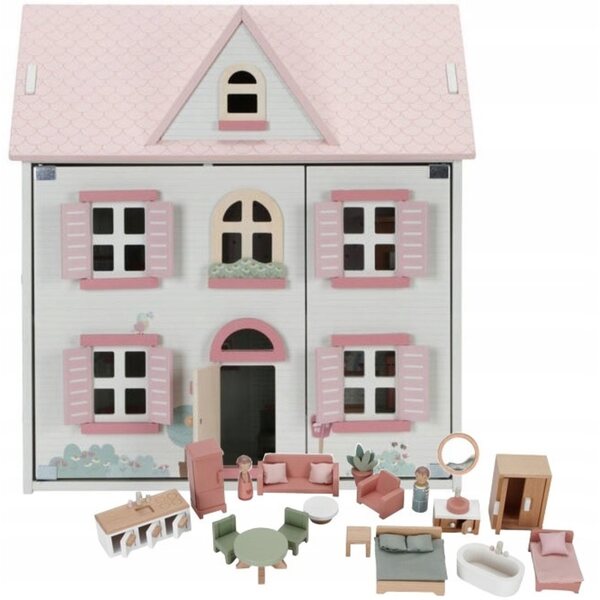 Kleines niederländisches Puppenhaus aus FSC-Holz mit Möbeln und 49 cm großen Puppen