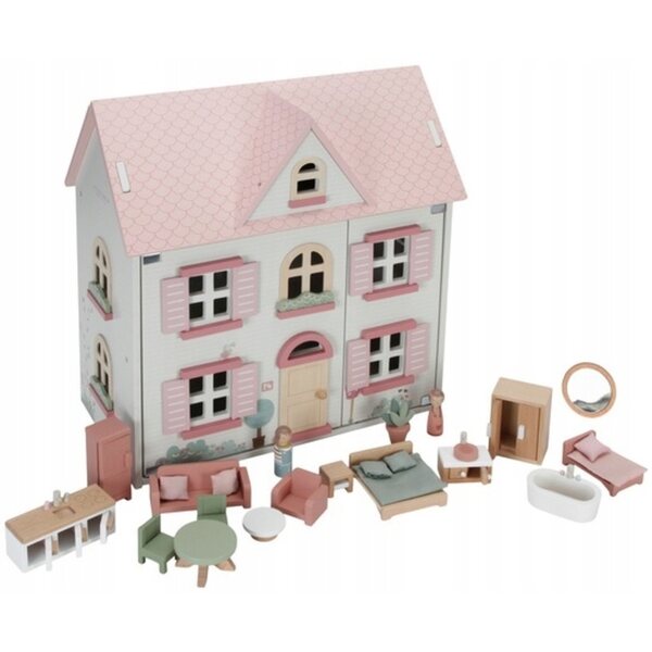 Kleines niederländisches Puppenhaus aus FSC-Holz mit Möbeln und 49 cm großen Puppen