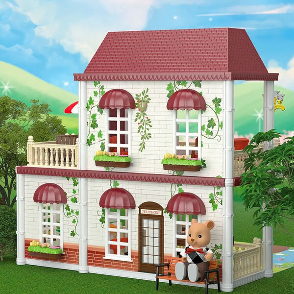 Casa delle bambole Kinderini, arredata su due livelli, con giardino e terrazzo