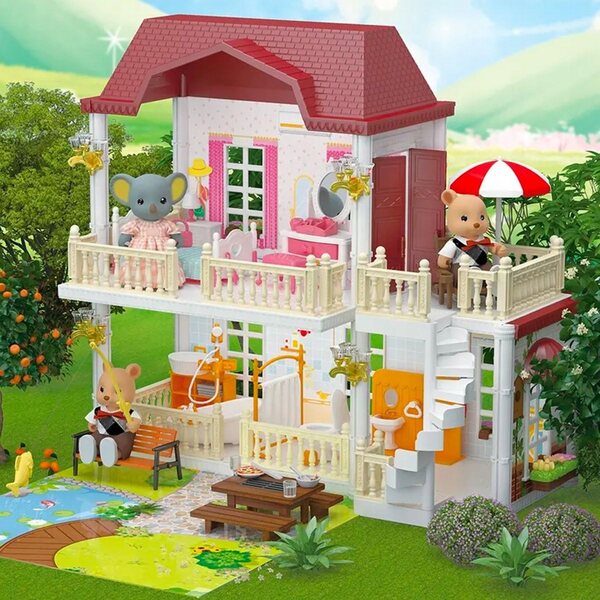 Casa delle bambole Kinderini, arredata su due livelli, con giardino e terrazzo