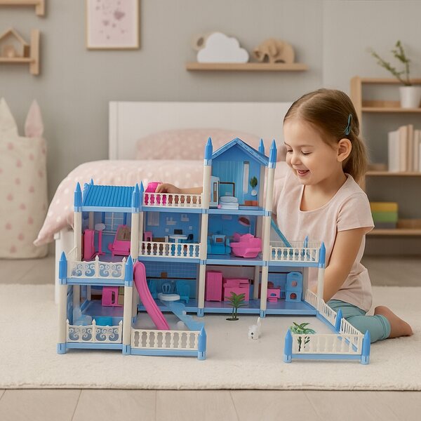 Grande casa delle bambole 3 piani con mobili, terrazza e area giochi MalPlay