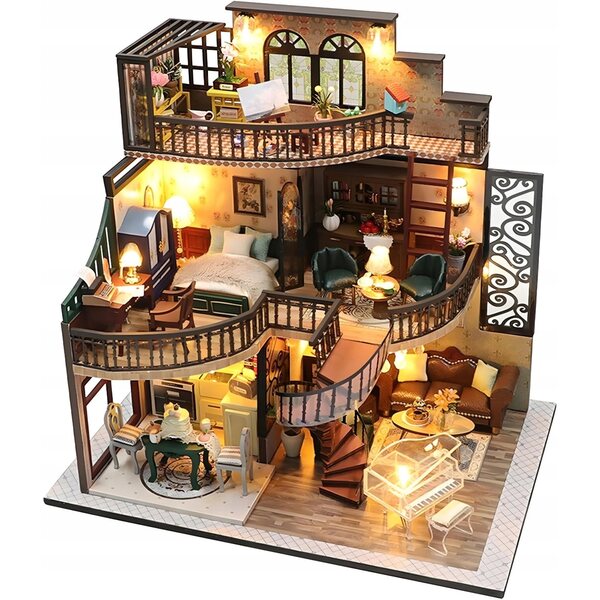 Casa delle bambole in Legno con LED Pioppato Retro - Modellismo DIY con Mobili