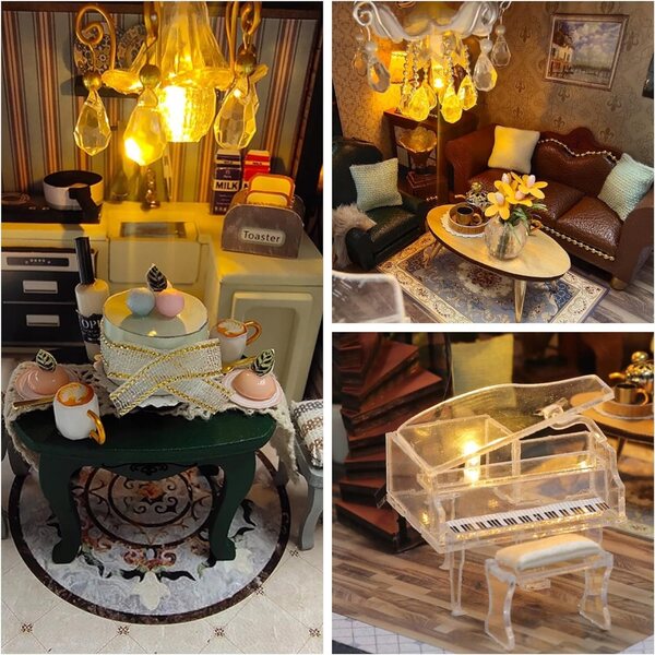 Casa delle bambole in Legno con LED Pioppato Retro - Modellismo DIY con Mobili