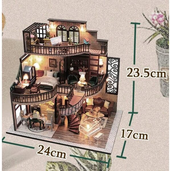 Casa delle bambole in Legno con LED Pioppato Retro - Modellismo DIY con Mobili