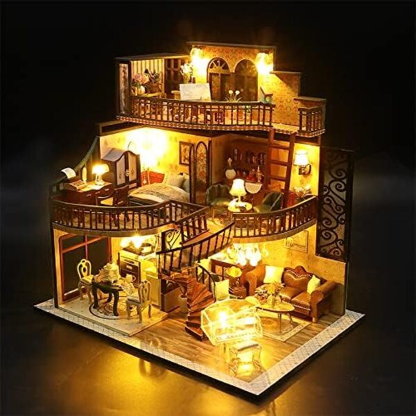 Casa delle bambole in Legno con LED Pioppato Retro - Modellismo DIY con Mobili