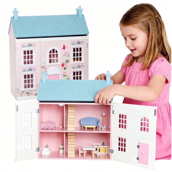 Dollhouse in legno rosa con mobili, grande e apribile per bambini creativi