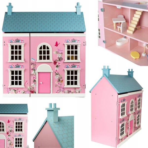 Dollhouse in legno rosa con mobili, grande e apribile per bambini creativi
