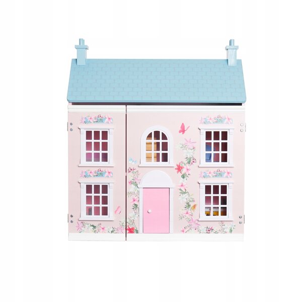 Dollhouse in legno rosa con mobili, grande e apribile per bambini creativi