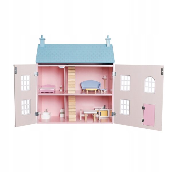 Dollhouse in legno rosa con mobili, grande e apribile per bambini creativi