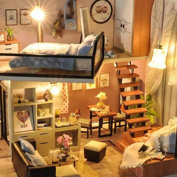 Habarri 01 12,2 cm großes Puppenhaus aus Holz mit LED-Lichtern für Kinder ab 7 Jahren