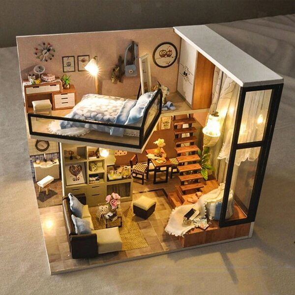 Habarri 01 12,2 cm großes Puppenhaus aus Holz mit LED-Lichtern für Kinder ab 7 Jahren