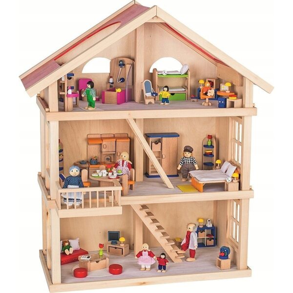Goki 87,5 cm großes dreistöckiges Puppenhaus aus Holz mit Balkon