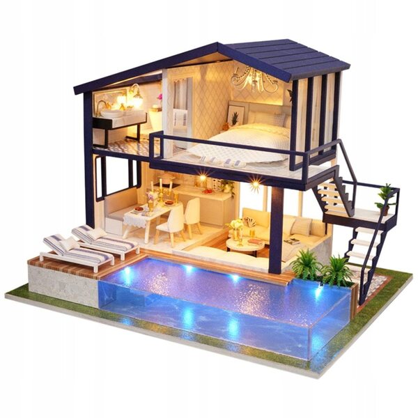 Miniatura Casa delle Bambole in Legno con Illuminazione LED e Mobili Artigianali