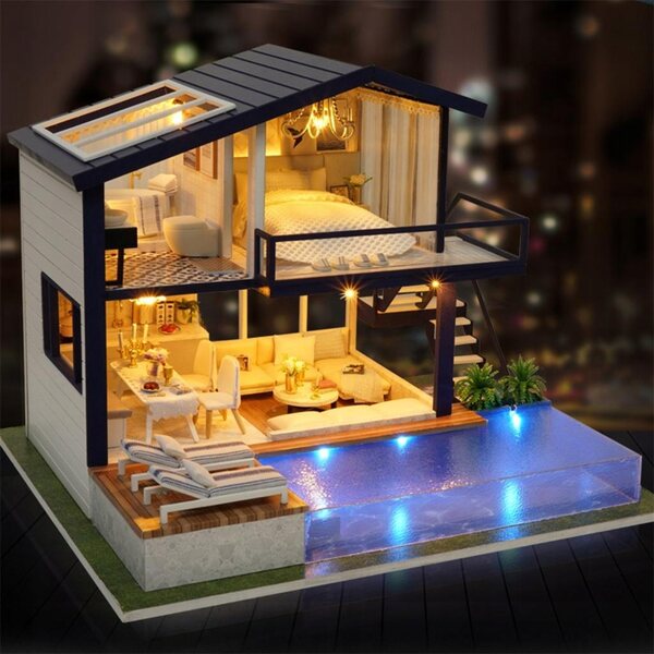 Miniatura Casa delle Bambole in Legno con Illuminazione LED e Mobili Artigianali