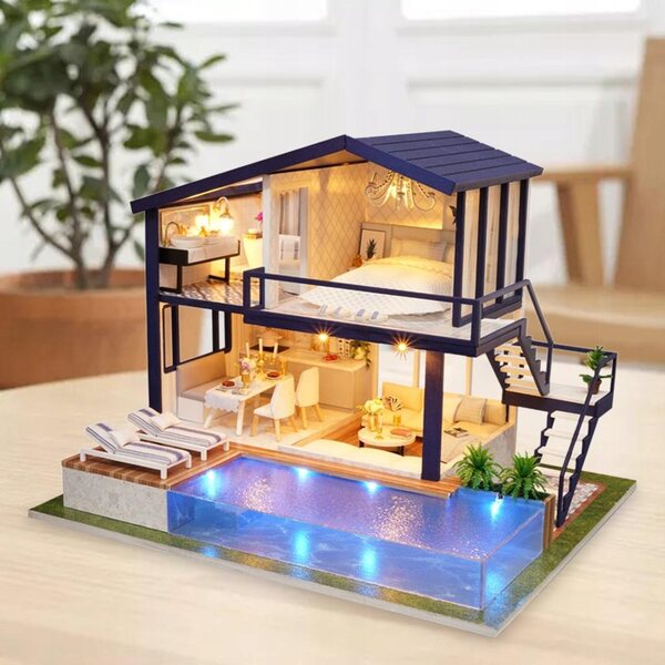 Miniatura Casa delle Bambole in Legno con Illuminazione LED e Mobili Artigianali