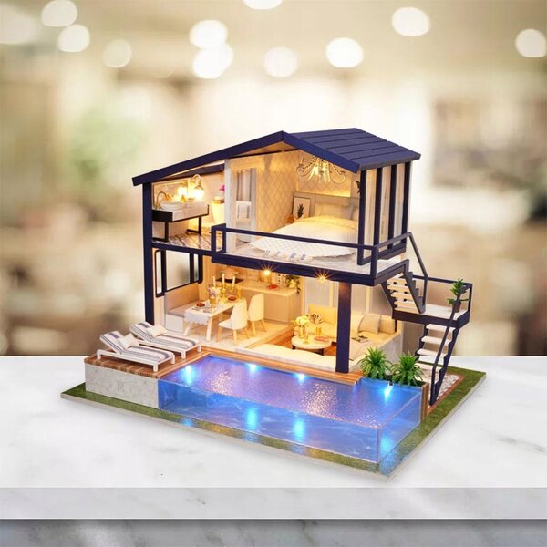 Miniatura Casa delle Bambole in Legno con Illuminazione LED e Mobili Artigianali
