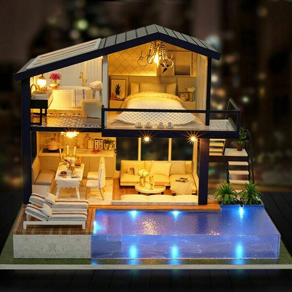 Miniatura Casa delle Bambole in Legno con Illuminazione LED e Mobili Artigianali