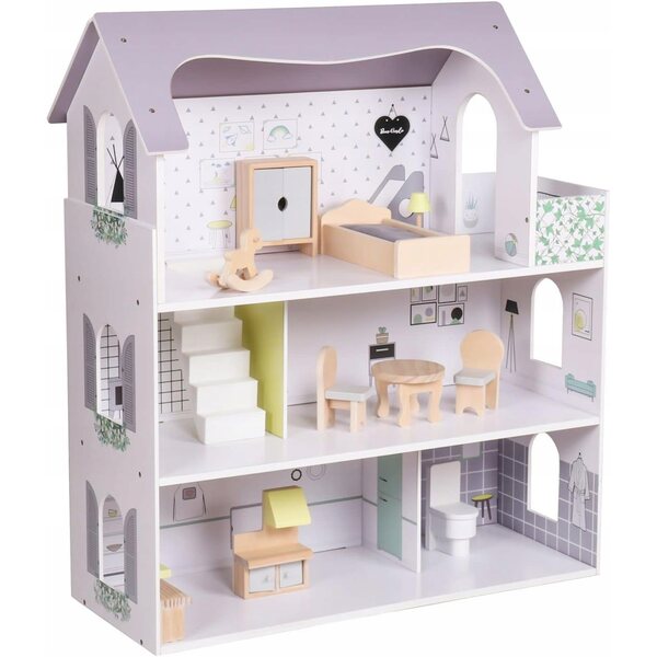 Grande Casa delle Bambole in Legno 3 Piani con Balcone e Mobili Completi 70 cm