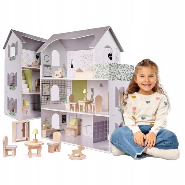 Grande Casa delle Bambole in Legno 3 Piani con Balcone e Mobili Completi 70 cm