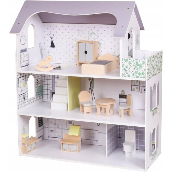 Grande Casa delle Bambole in Legno 3 Piani con Balcone e Mobili Completi 70 cm