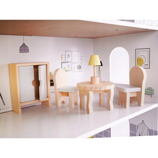 Grande Casa delle Bambole in Legno 3 Piani con Balcone e Mobili Completi 70 cm
