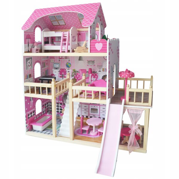Casa delle bambole in legno, rosa, 90 cm, con pianoforte e mobili per bambini 3+