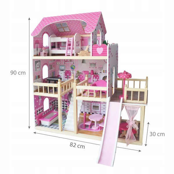 Casa delle bambole in legno, rosa, 90 cm, con pianoforte e mobili per bambini 3+