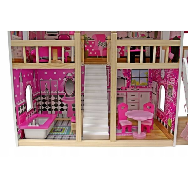 Casa delle bambole in legno, rosa, 90 cm, con pianoforte e mobili per bambini 3+