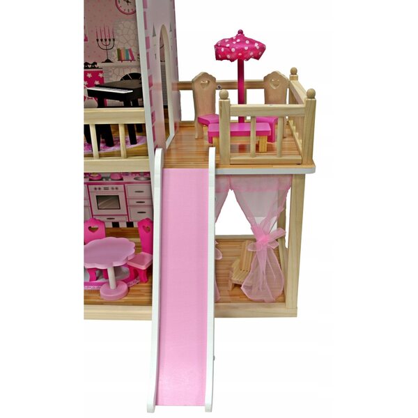 Casa delle bambole in legno, rosa, 90 cm, con pianoforte e mobili per bambini 3+