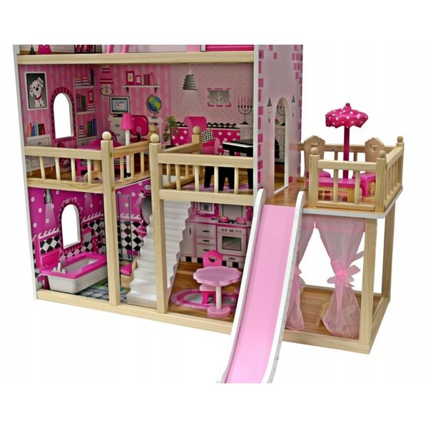Casa delle bambole in legno, rosa, 90 cm, con pianoforte e mobili per bambini 3+