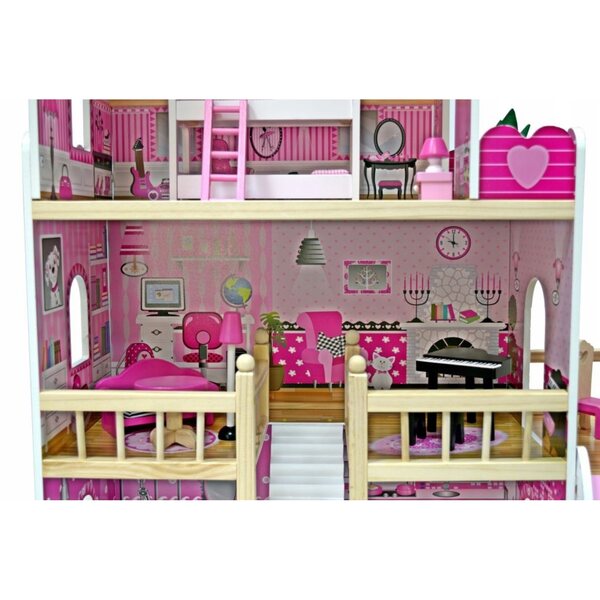 Casa delle bambole in legno, rosa, 90 cm, con pianoforte e mobili per bambini 3+