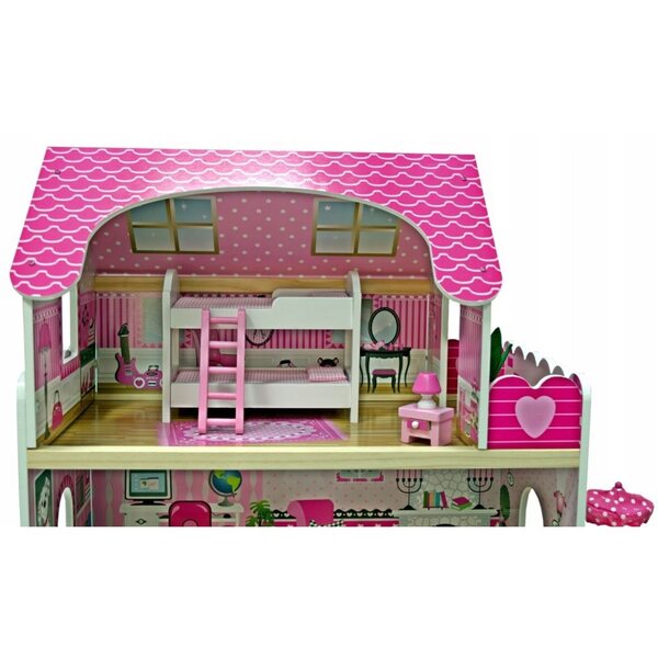 Casa delle bambole in legno, rosa, 90 cm, con pianoforte e mobili per bambini 3+