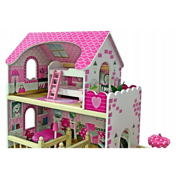 Casa delle bambole in legno, rosa, 90 cm, con pianoforte e mobili per bambini 3+