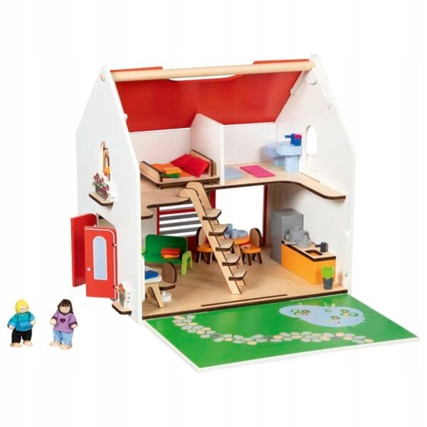 Casa delle bambole portatile Eco House Goki con mobili e accessori in legno