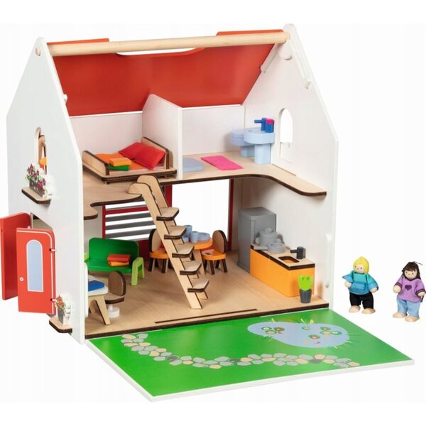 Casa delle bambole portatile Eco House Goki con mobili e accessori in legno