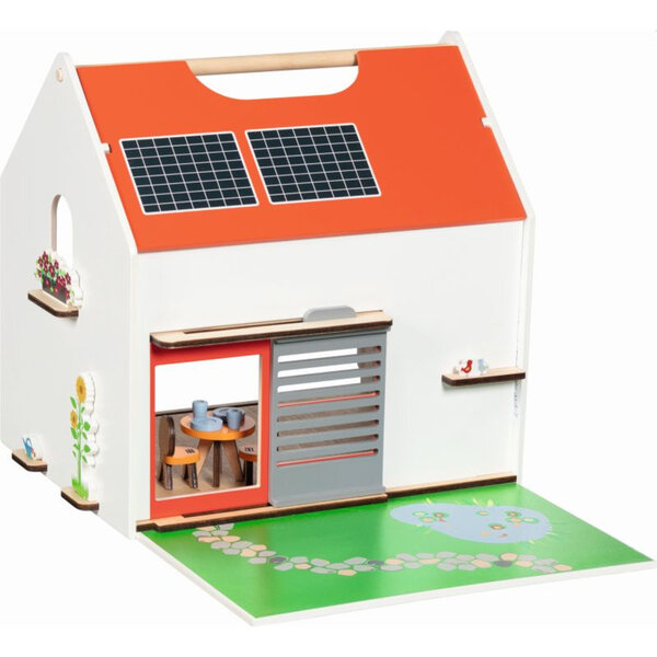 Casa delle bambole portatile Eco House Goki con mobili e accessori in legno