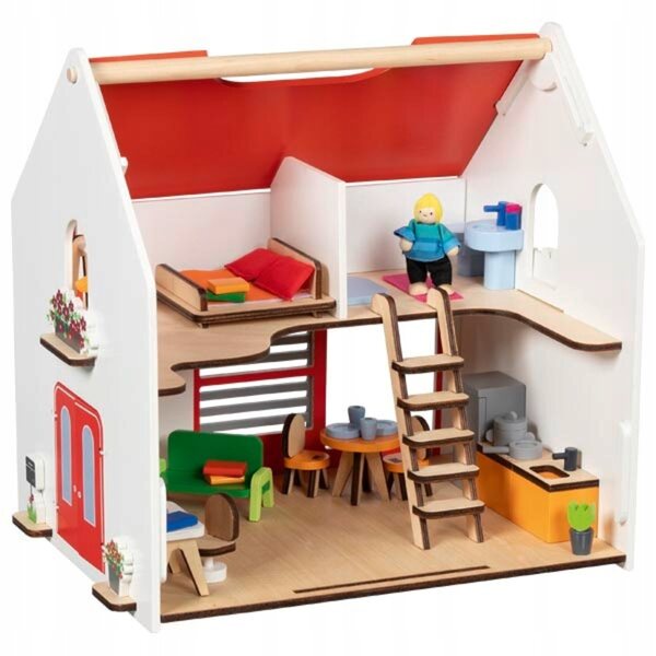 Casa delle bambole portatile Eco House Goki con mobili e accessori in legno