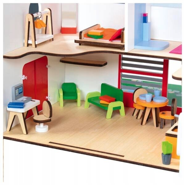 Casa delle bambole portatile Eco House Goki con mobili e accessori in legno